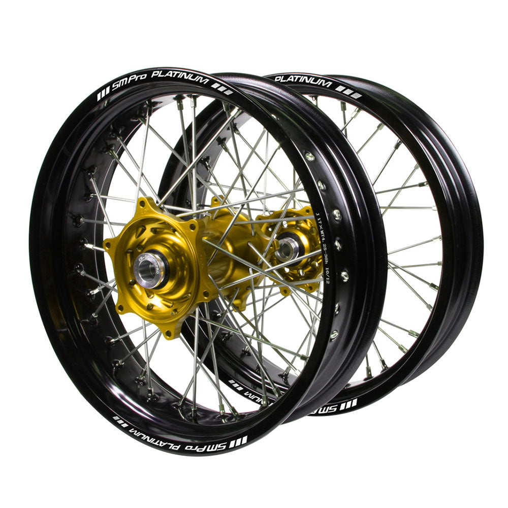 Suzuki Talon Gold Hubs / SM Pro Platinum Black Rims Supermotard Wheel Set RMZ 250 2007-17 / RMZ 450 2005-17 (17*3.50 / 17*4.25)