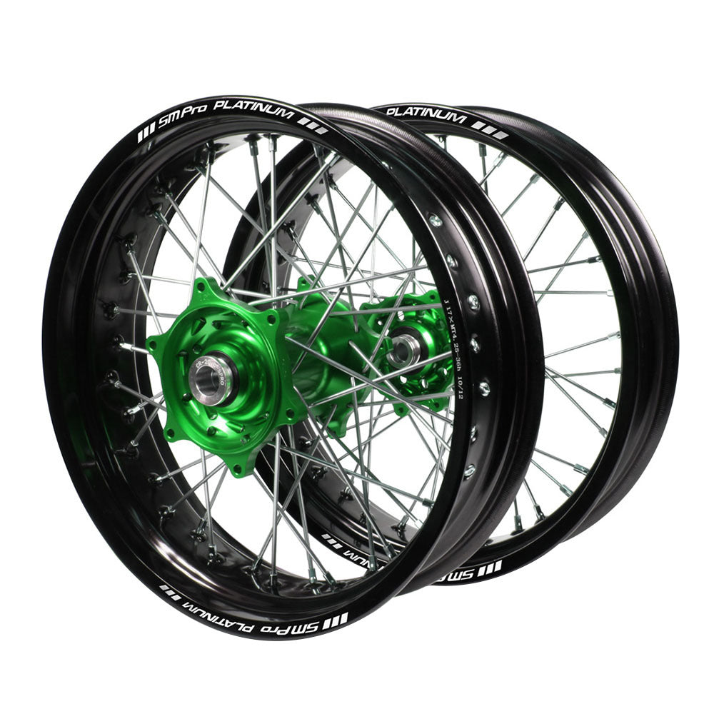 Kawasaki Talon Green Hubs / SM Pro Platinum Black Rims Supermotard Wheel Set KLX 450 2007-17 (17*3.50 / 17*4.25)