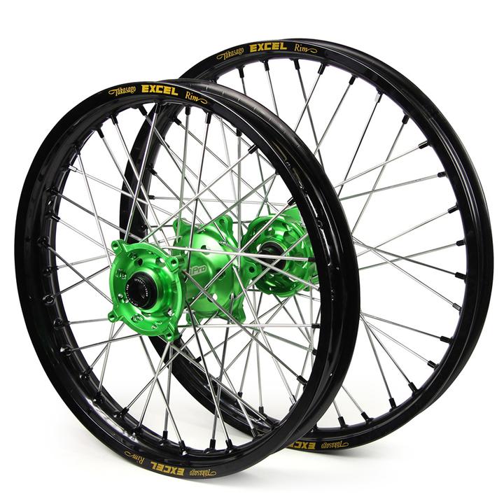 Kawasaki Sm Pro / Excel Snr MX Black Rim / Green Hub / Black Nipples Wheel Set KXF 250-450 2006-2017 (21X1.60 / 19X2.15")
