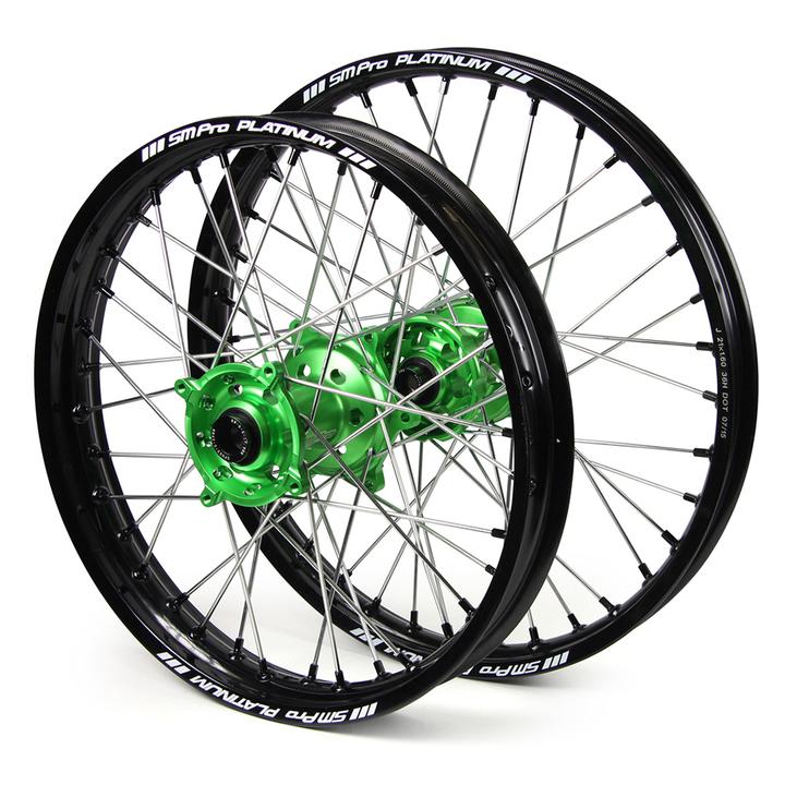 Kawasaki Sm Pro / Platinum Snr MX Black Rim / Green Hub / Black Nipples Wheel Set KXF 250-450 2006-2017 (21X1.60 / 19X2.15")