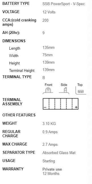 SSB Battery 12V Vb9L-B