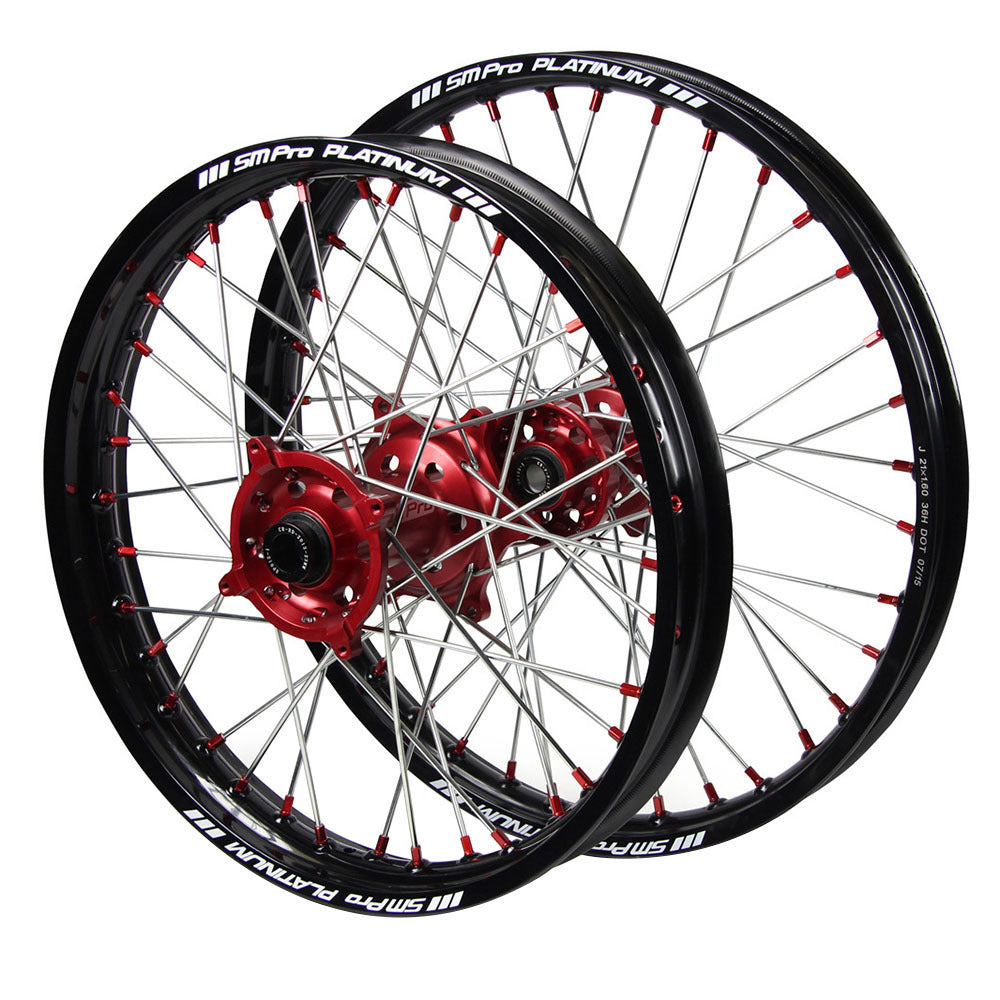 SM Pro Red Hub / Platinum Black Rim / Red Nipples Wheel Set Gas Gas MC 125 2021-2024 (21x1.6 / 18x2.15)
