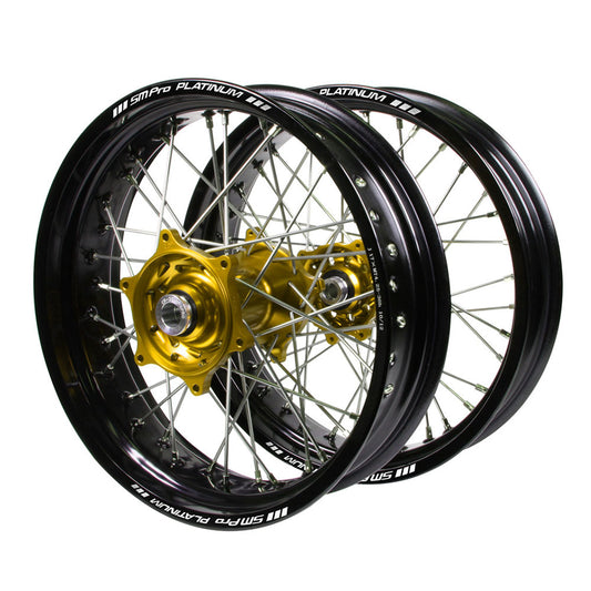 Suzuki Talon Gold Hubs / SM Pro Platinum Black Rims Supermotard Wheel Set RMZ 250 2007-17 / RMZ 450 2005-17 (17*3.50 / 17*4.25)