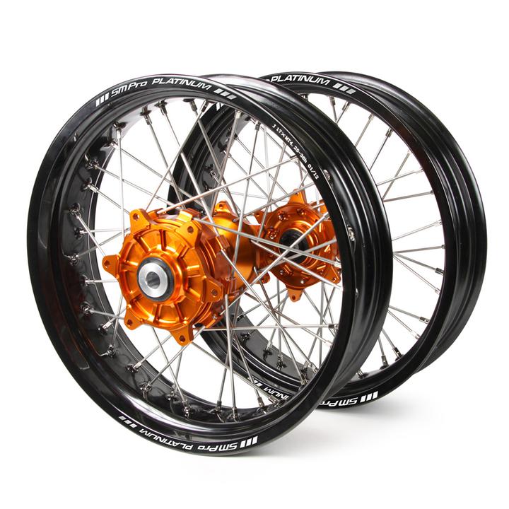KTM Sm Pro / Platinum Supermoto Cush Drive" Black Rims / Orange Hubs Wheel Set SX-SXF 125-250-350 2003-2017 (17X3.50" / 17X4.25")